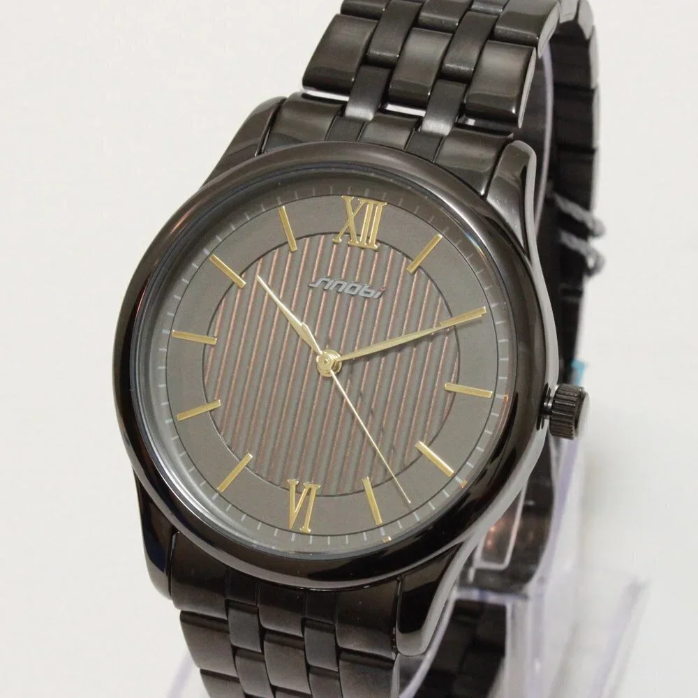 Ladies Classic Quartz Watch Black Textured Dial Gold Tone Indices Roman Numerals